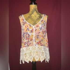 Xhilaration - yellow floral tank top blouse with lace trim NWOT
